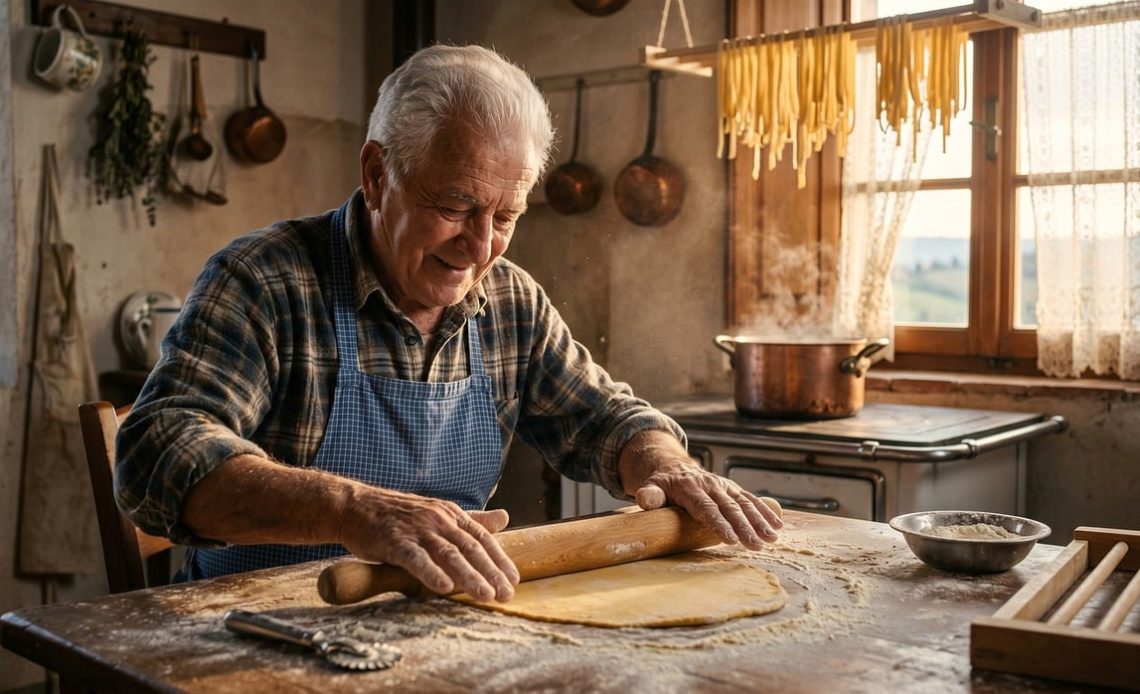 Man staat te koken in de keuken met een pan pasta op het fornuis
